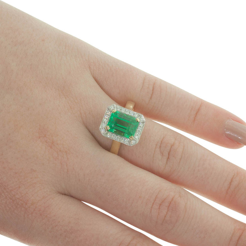 18ct Yellow & White Gold Emerald & Diamond Halo Ring-Ring-Walker & Hall