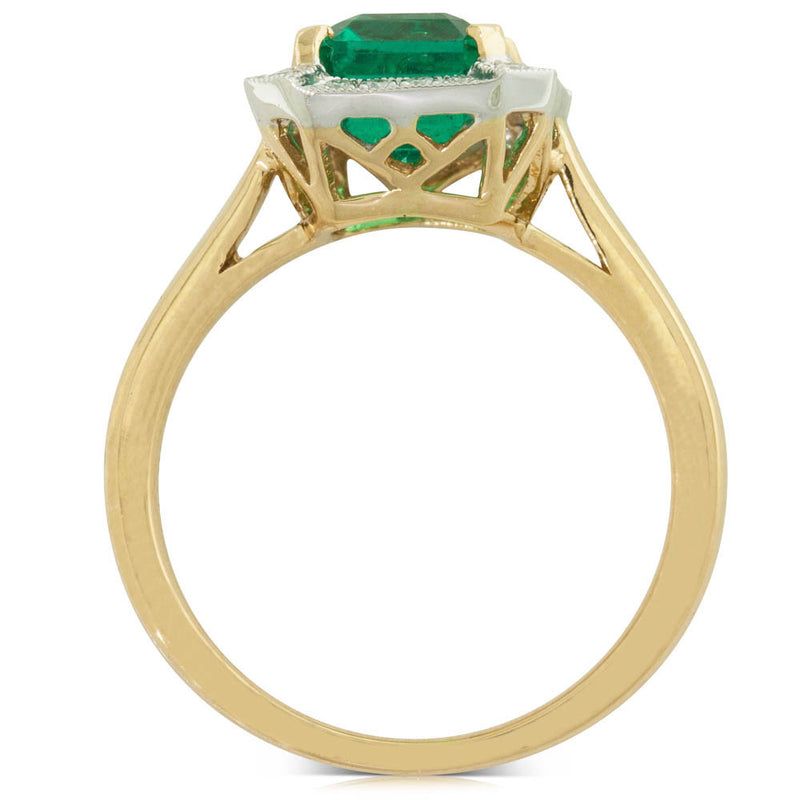 18ct Yellow & White Gold Emerald & Diamond Halo Ring-Ring-Walker & Hall