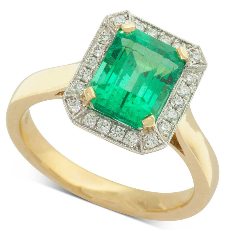 18ct Yellow & White Gold Emerald & Diamond Halo Ring-Ring-Walker & Hall