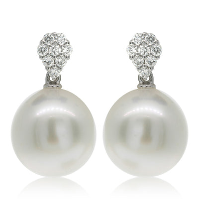 18ct White Gold South Sea Pearl & Diamond Drop Earrings-Earrings-Walker & Hall