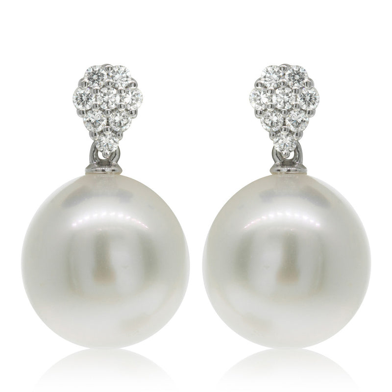 18ct White Gold South Sea Pearl & Diamond Drop Earrings-Earrings-Walker & Hall