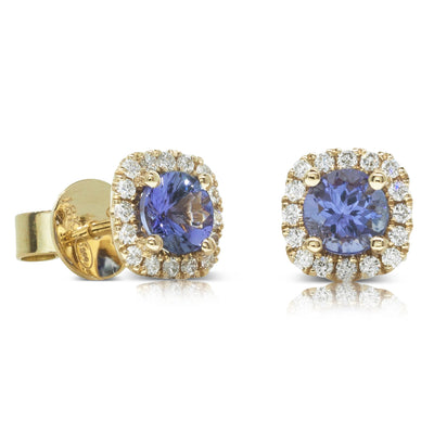 18ct Yellow Gold Tanzanite & Diamond Halo Earrings-Earrings-Walker & Hall