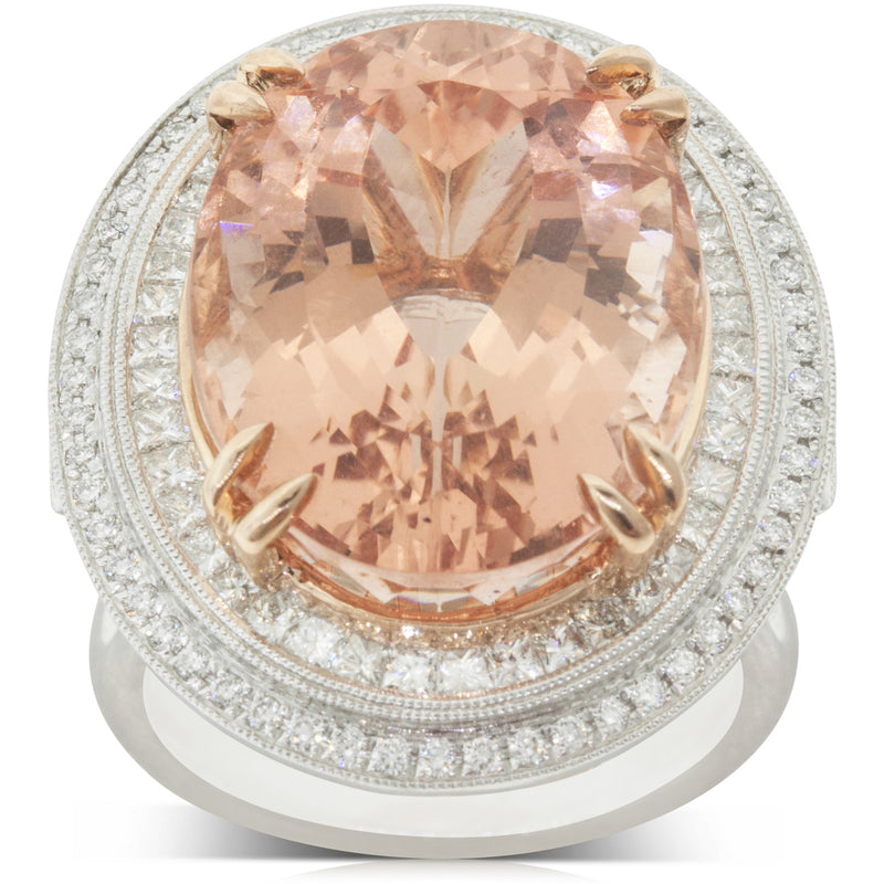18ct White & Rose Gold Morganite & Diamond Halo Ring-Ring-Walker & Hall
