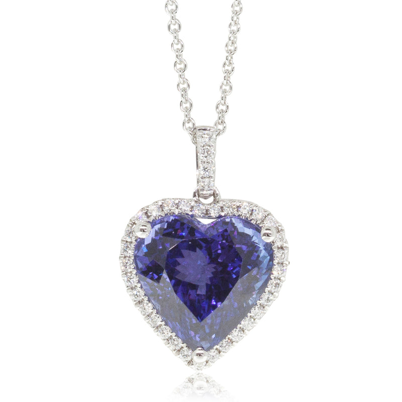 18ct White Gold Tanzanite & Diamond Halo Pendant-Necklace-Walker & Hall