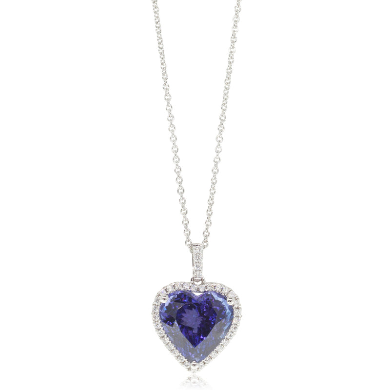 18ct White Gold Tanzanite & Diamond Halo Pendant-Necklace-Walker & Hall