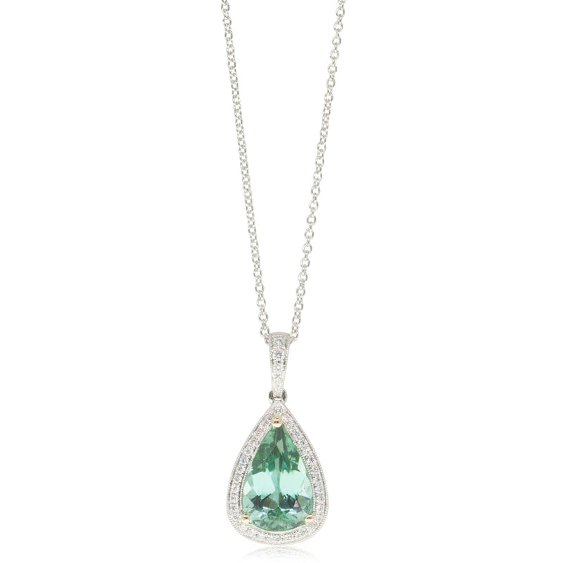 18ct White Gold Tourmaline & Diamond Halo Pendant-Necklace-Walker & Hall