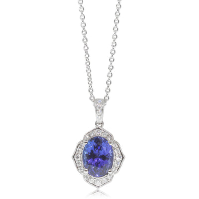 18ct White Gold Tanzanite & Diamond Halo Pendant-Necklace-Walker & Hall