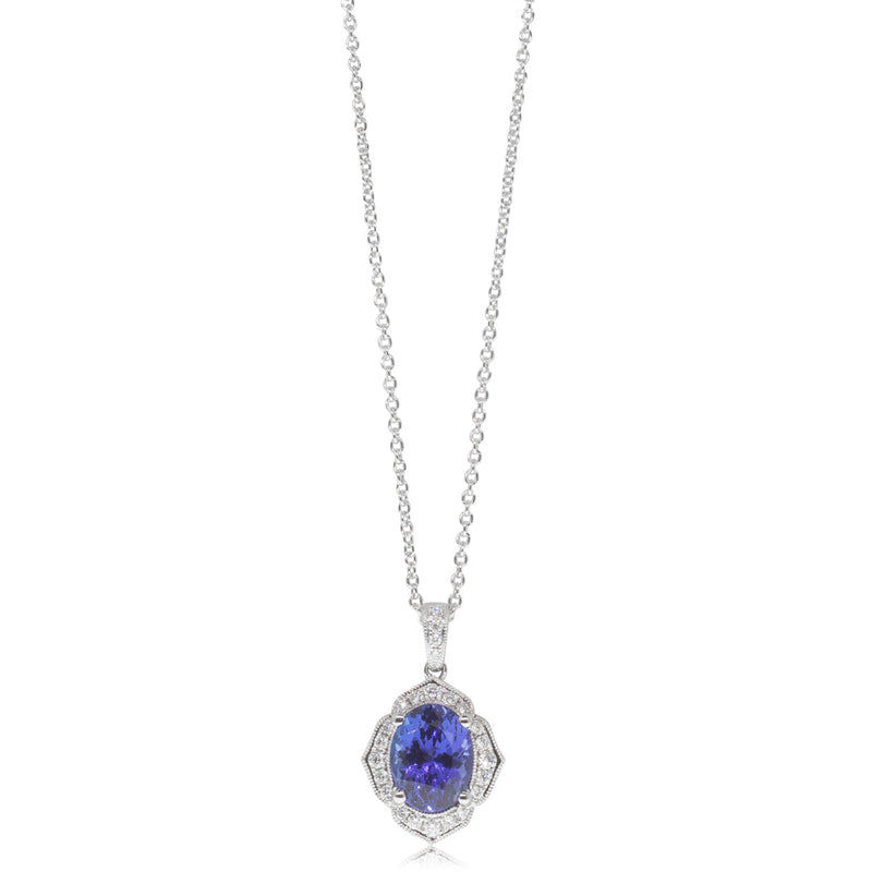 18ct White Gold Tanzanite & Diamond Halo Pendant-Necklace-Walker & Hall