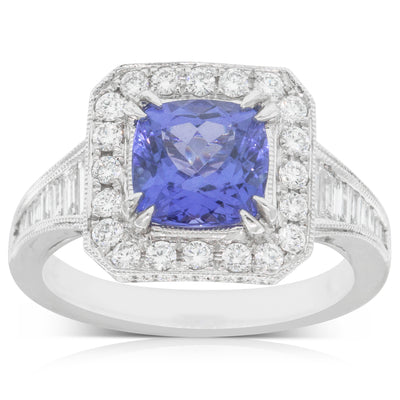 18ct White Gold Tanzanite & Diamond Halo Ring-Ring-Walker & Hall