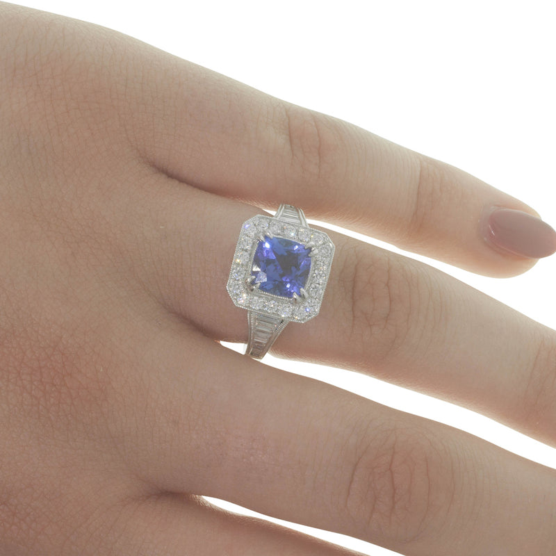 18ct White Gold Tanzanite & Diamond Halo Ring-Ring-Walker & Hall