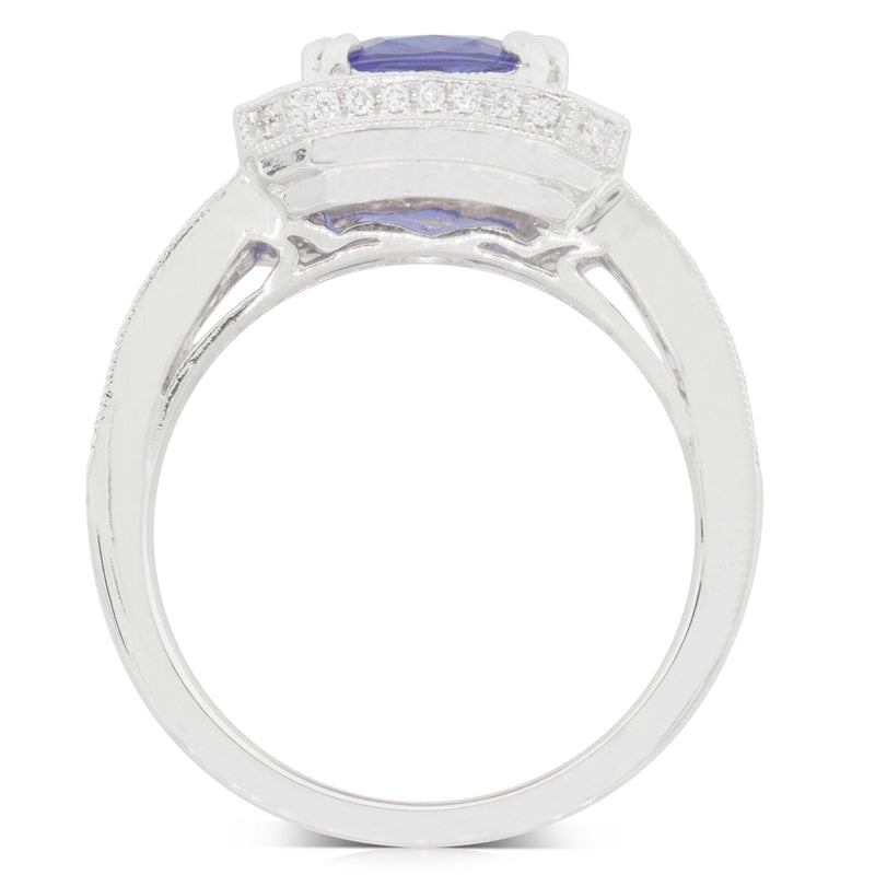 18ct White Gold Tanzanite & Diamond Halo Ring-Ring-Walker & Hall
