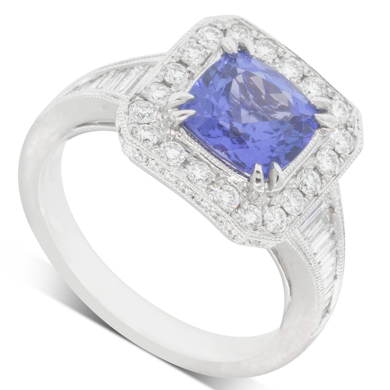 18ct White Gold Tanzanite & Diamond Halo Ring-Ring-Walker & Hall