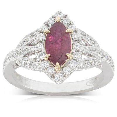 18ct White & Yellow Gold Ruby & Diamond Halo Ring-Ring-Walker & Hall