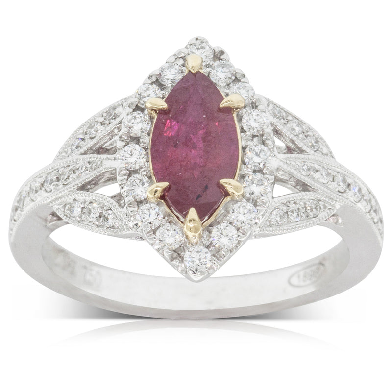 18ct White & Yellow Gold Ruby & Diamond Halo Ring-Ring-Walker & Hall