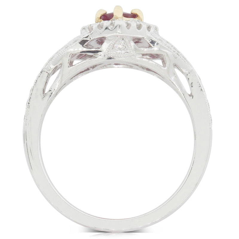 18ct White & Yellow Gold Ruby & Diamond Halo Ring-Ring-Walker & Hall