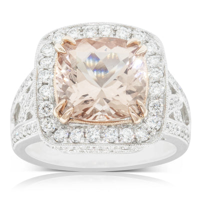 18ct White Gold Morganite & Diamond Halo Ring-Ring-Walker & Hall