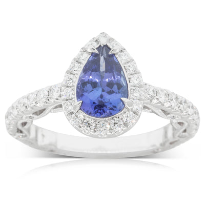 18ct White Gold Tanzanite & Diamond Halo Ring-Ring-Walker & Hall