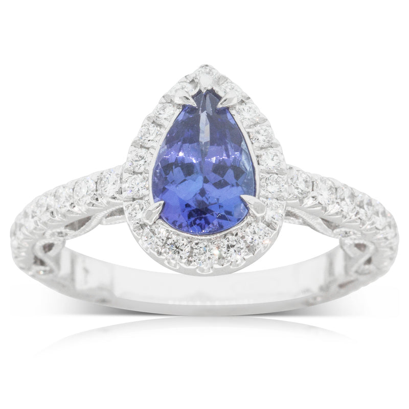 18ct White Gold Tanzanite & Diamond Halo Ring-Ring-Walker & Hall