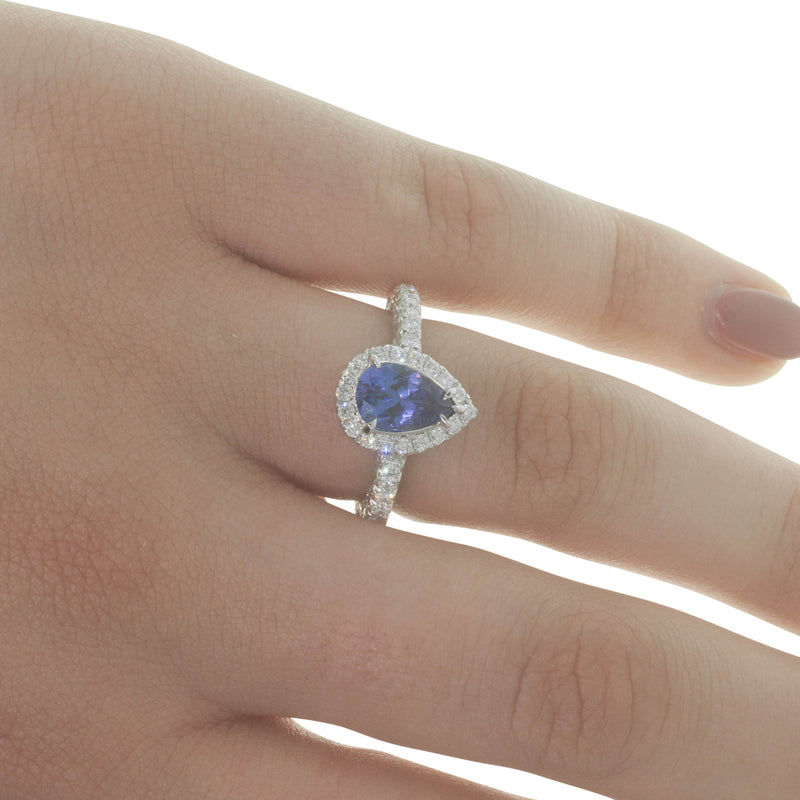 18ct White Gold Tanzanite & Diamond Halo Ring-Ring-Walker & Hall