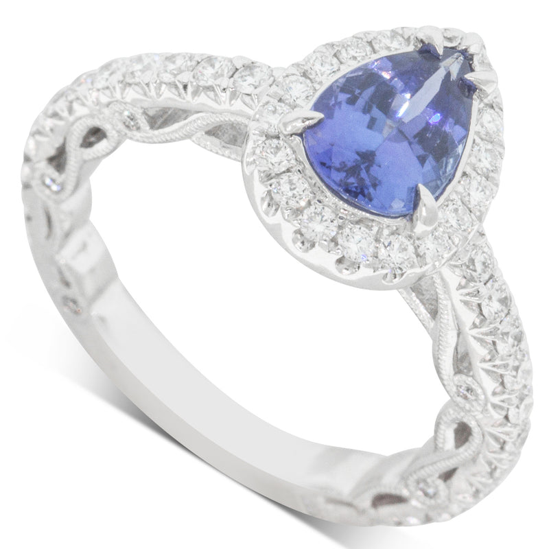 18ct White Gold Tanzanite & Diamond Halo Ring-Ring-Walker & Hall