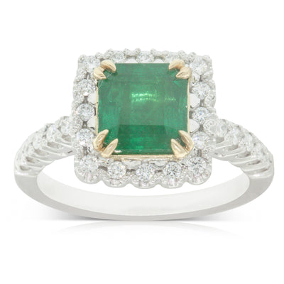 18ct White Gold Emerald & Diamond Halo Ring-Ring-Walker & Hall