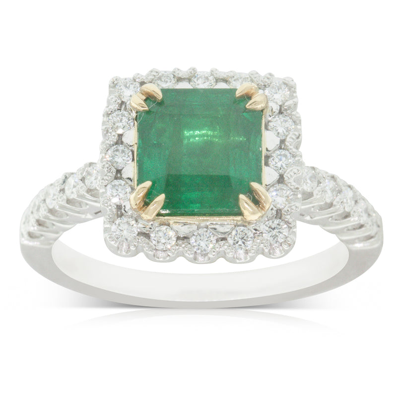 18ct White Gold Emerald & Diamond Halo Ring-Ring-Walker & Hall