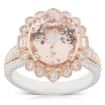 18ct Rose & White Gold Morganite & Diamond Halo Ring-Ring-Walker & Hall