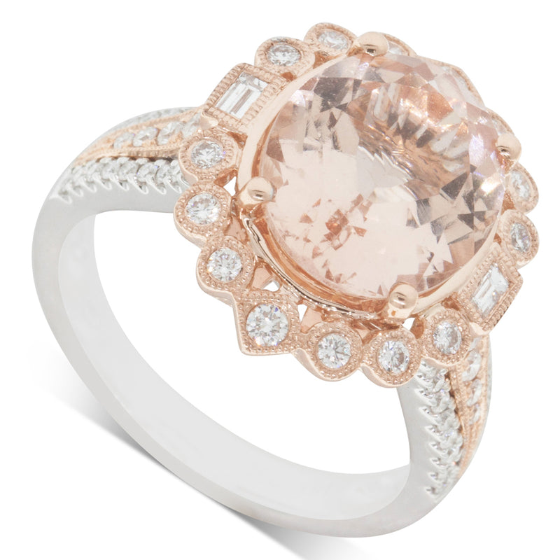 18ct Rose & White Gold Morganite & Diamond Halo Ring-Ring-Walker & Hall