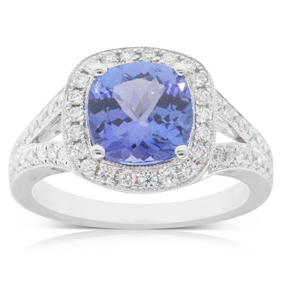 18ct White Gold Tanzanite & Diamond Halo Ring-Ring-Walker & Hall