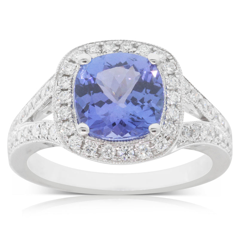 18ct White Gold Tanzanite & Diamond Halo Ring-Ring-Walker & Hall