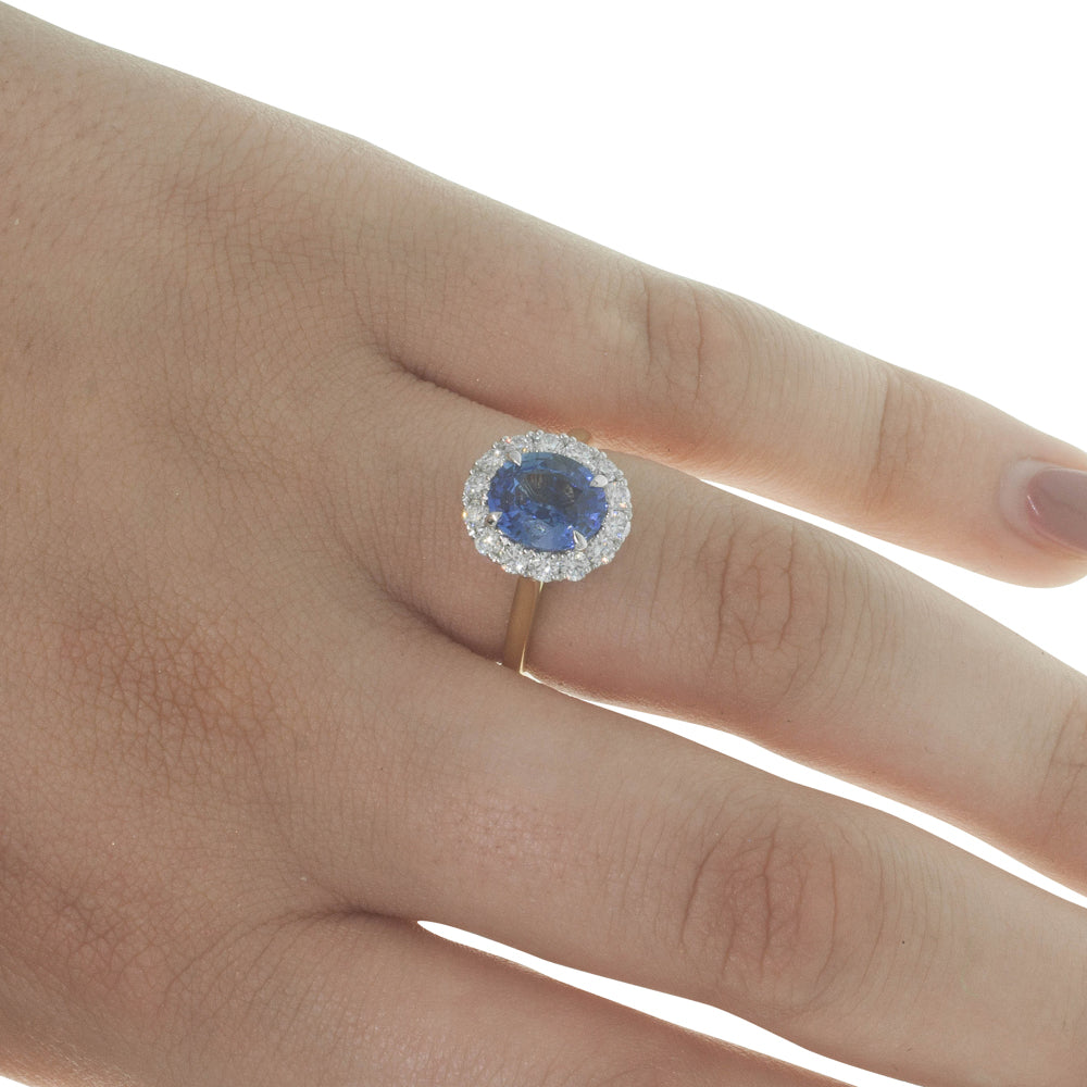 18ct Yellow & White Gold Sapphire & Diamond Halo Ring-Ring-Walker & Hall