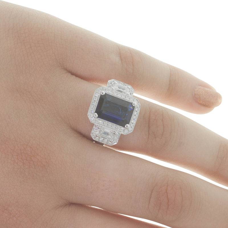 18ct White Gold Sapphire & Diamond Halo Ring-Ring-Walker & Hall