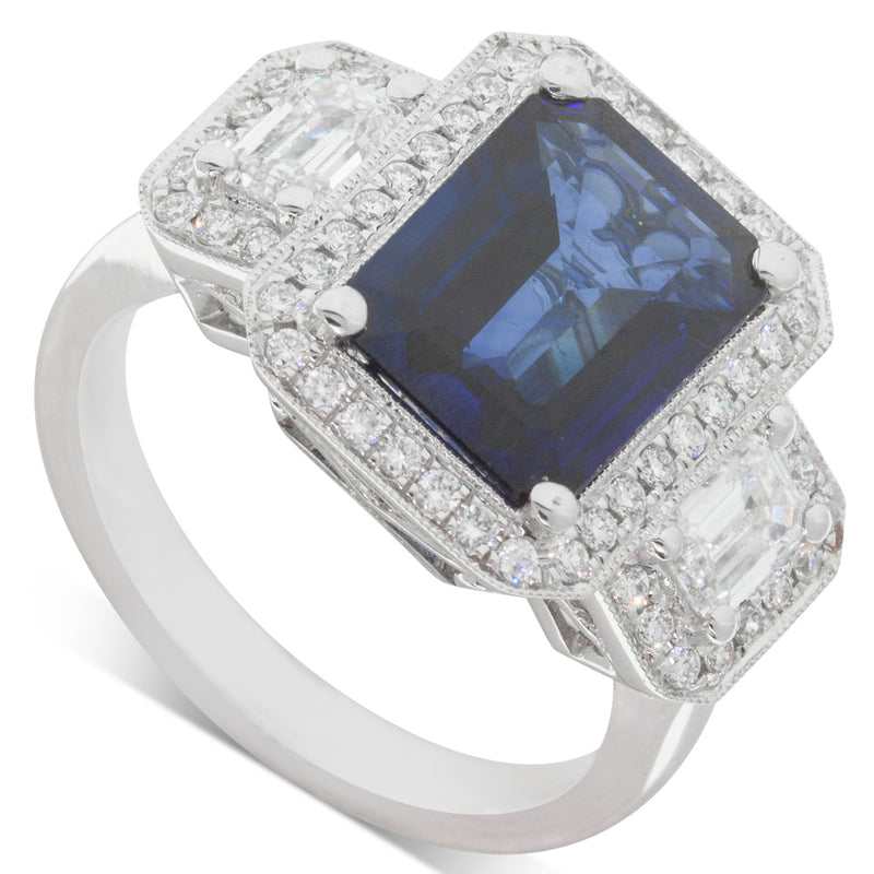 18ct White Gold Sapphire & Diamond Halo Ring-Ring-Walker & Hall