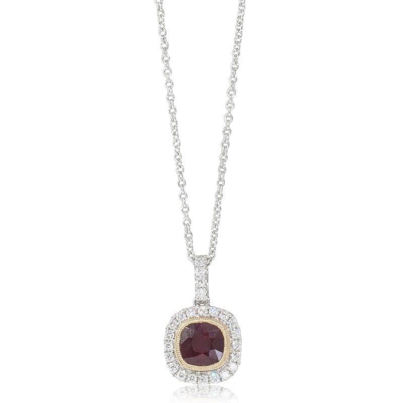 18ct White & Yellow Gold Ruby & Diamond Halo Pendant-Necklace-Walker & Hall