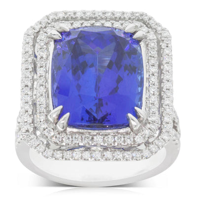18ct White Gold Tanzanite & Diamond Halo Ring-Ring-Walker & Hall