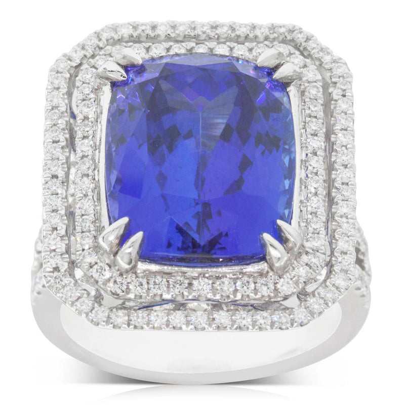 18ct White Gold Tanzanite & Diamond Halo Ring-Ring-Walker & Hall