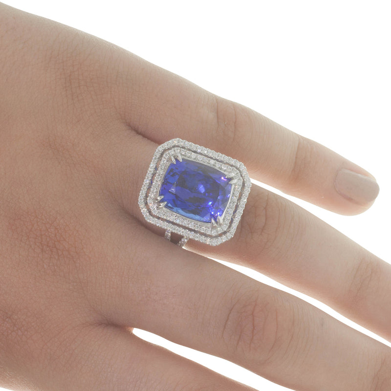 18ct White Gold Tanzanite & Diamond Halo Ring-Ring-Walker & Hall