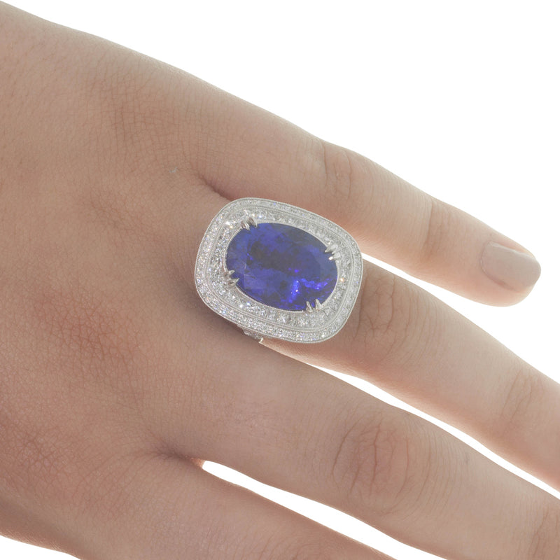 18ct White Gold Tanzanite & Diamond Halo Ring-Ring-Walker & Hall