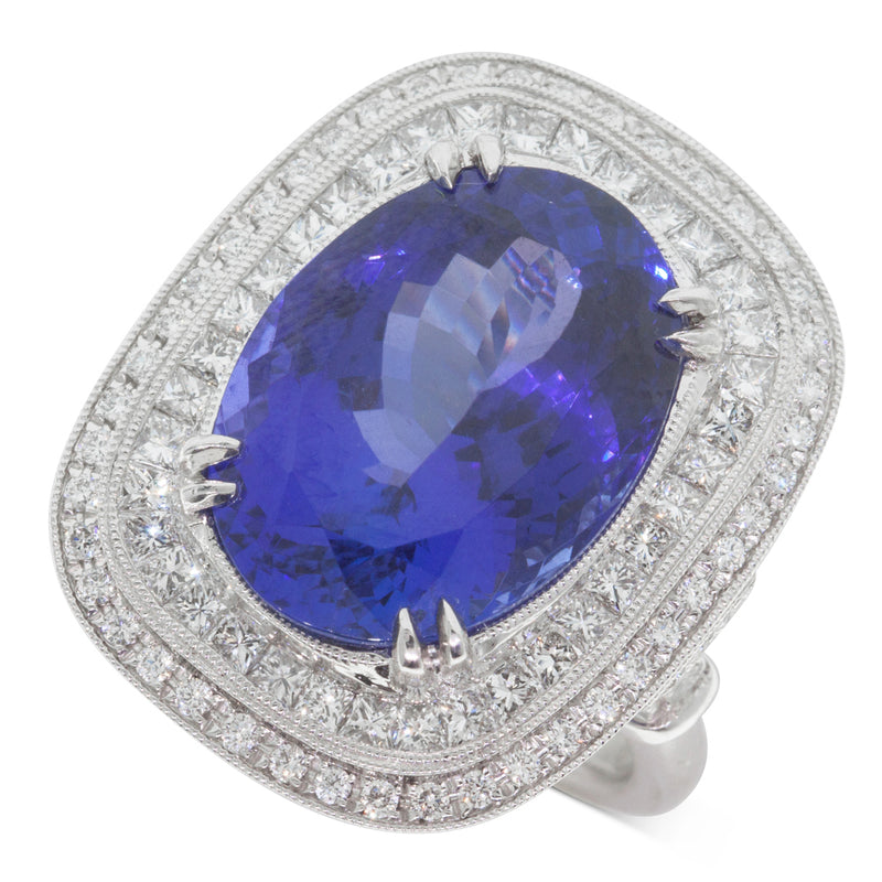18ct White Gold Tanzanite & Diamond Halo Ring-Ring-Walker & Hall