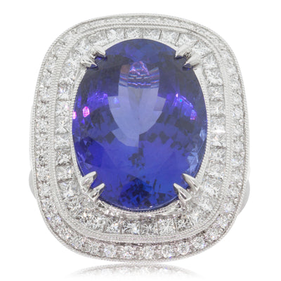 18ct White Gold Tanzanite & Diamond Halo Ring-Ring-Walker & Hall