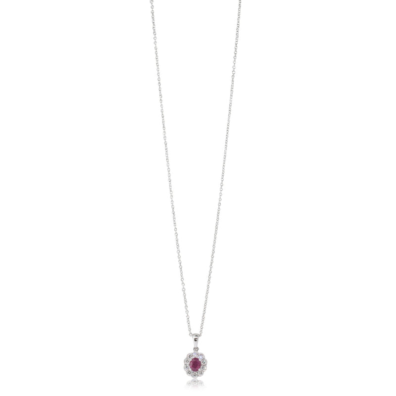 18ct White Gold Ruby & Diamond Halo Pendant-Necklace-Walker & Hall
