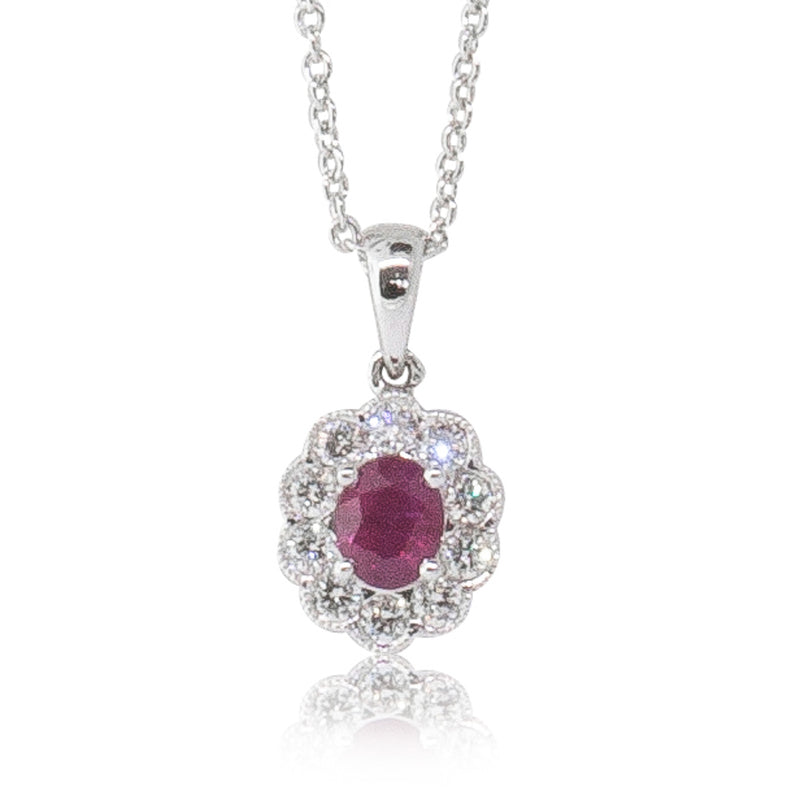 18ct White Gold Ruby & Diamond Halo Pendant-Necklace-Walker & Hall