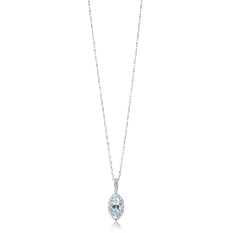 18ct White Gold Aquamarine & Diamond Halo Pendant-Necklace-Walker & Hall