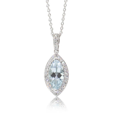 18ct White Gold Aquamarine & Diamond Halo Pendant-Necklace-Walker & Hall