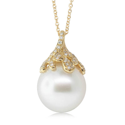 18ct Yellow Gold South Sea Pearl & Diamond Pendant-Necklace-Walker & Hall