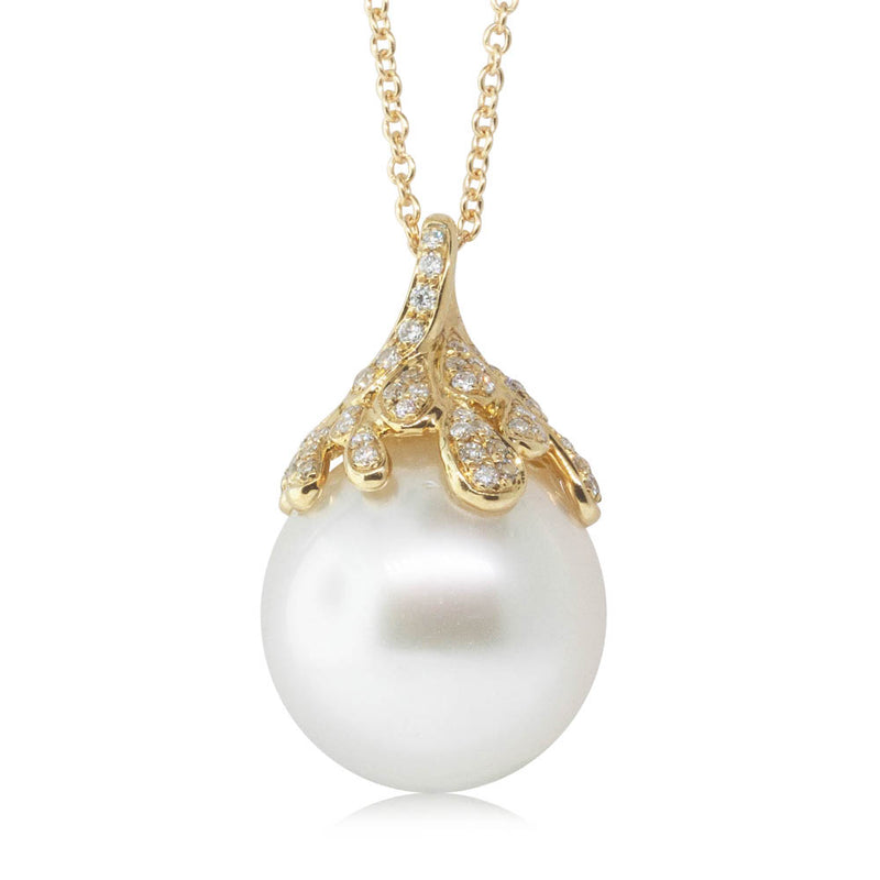 18ct Yellow Gold South Sea Pearl & Diamond Pendant-Necklace-Walker & Hall