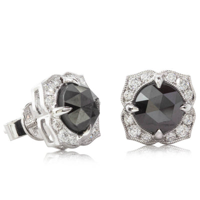 18ct White Gold 3.70ct Black Diamonds Halo Stud Earrings-Earrings-Walker & Hall
