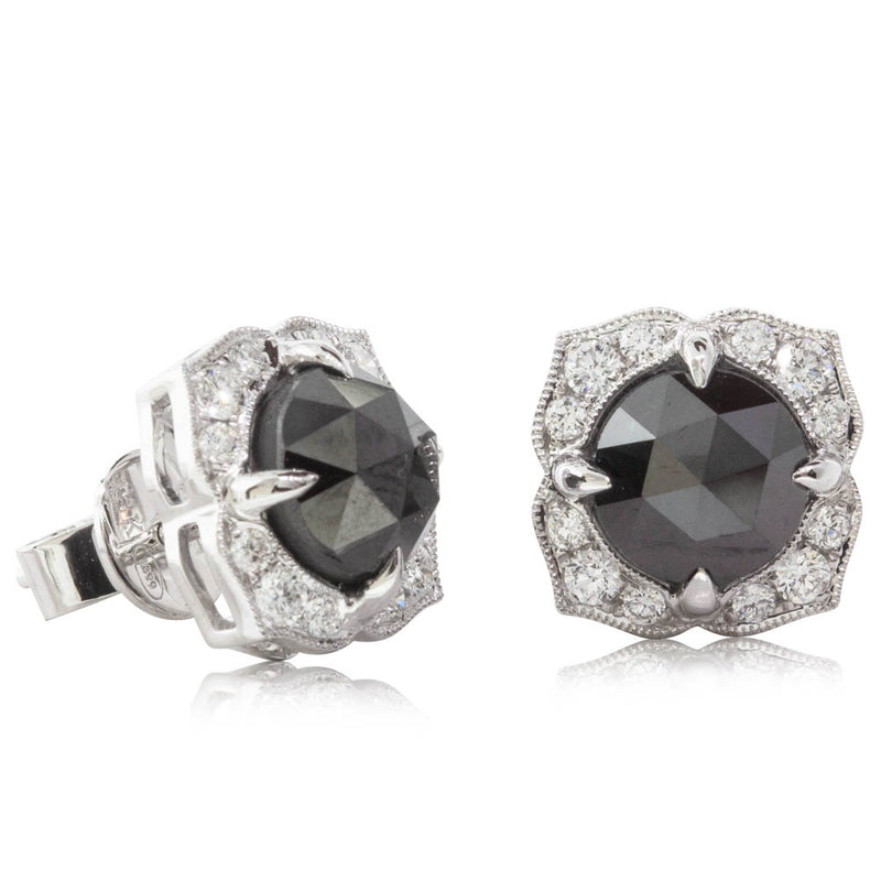 18ct White Gold 3.70ct Black Diamonds Halo Stud Earrings-Earrings-Walker & Hall