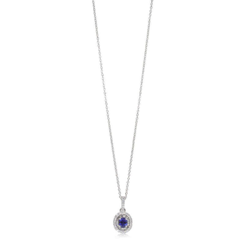 18ct White Gold Sapphire & Diamond Halo Pendant-Necklace-Walker & Hall