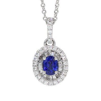 18ct White Gold Sapphire & Diamond Halo Pendant-Necklace-Walker & Hall